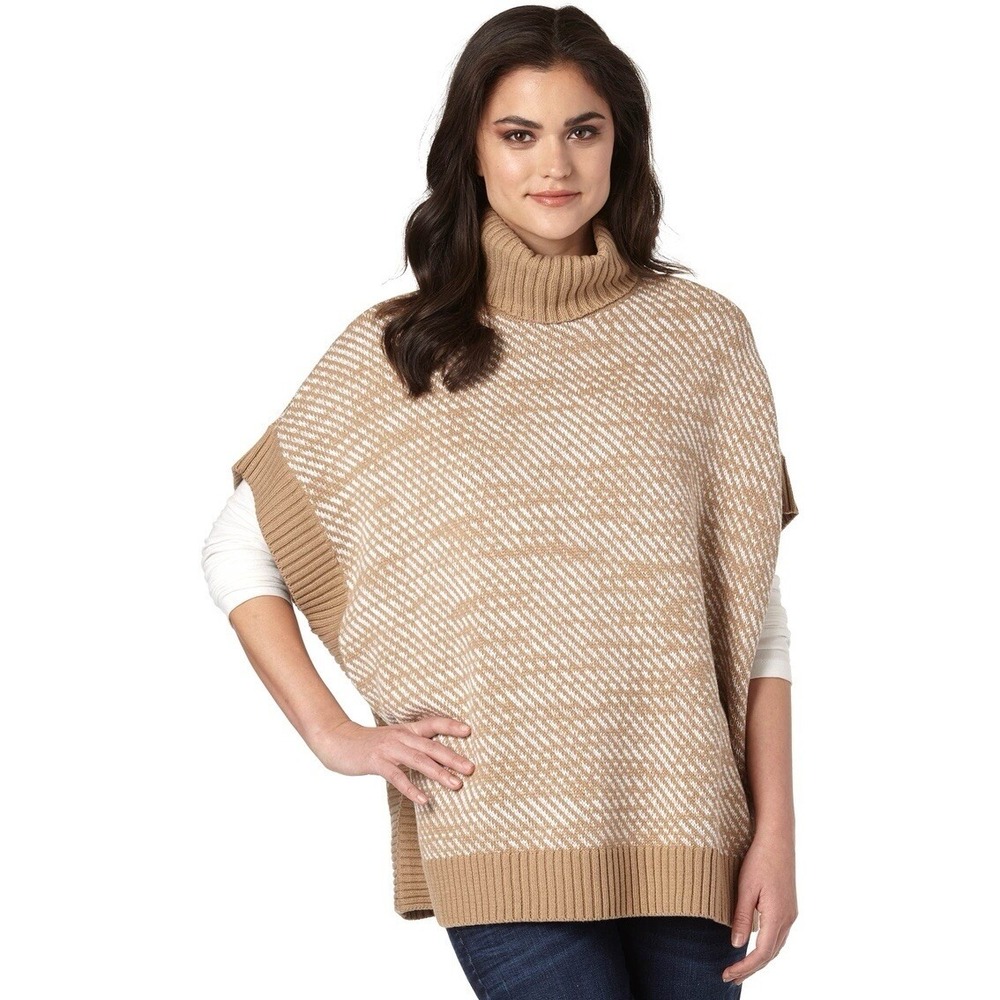 Michael Kors Turtleneck Poncho Sweater Camel‎ White Diagonal Knit Womens XL